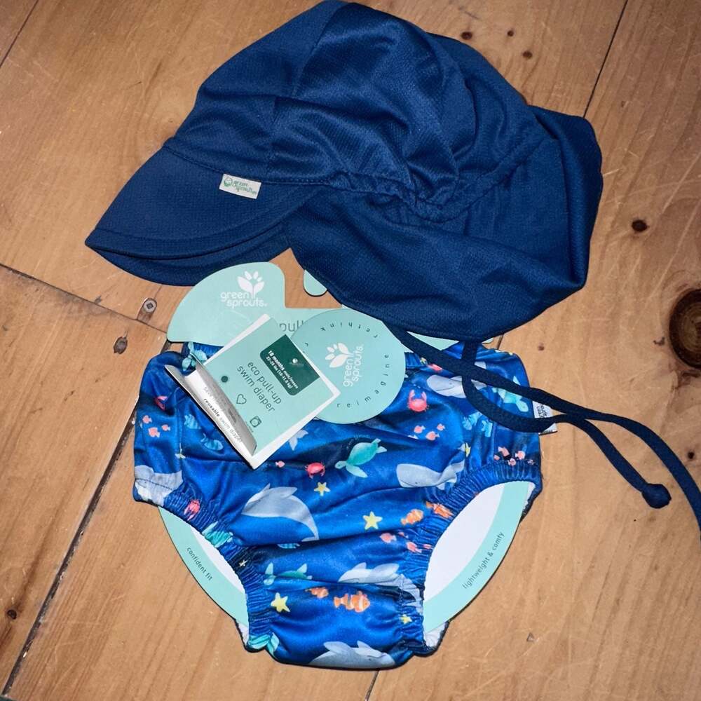 Green Sprouts Navy Undersea Friends Reusable Swim Diaper 18M Flap Sun Hat 2T-4T